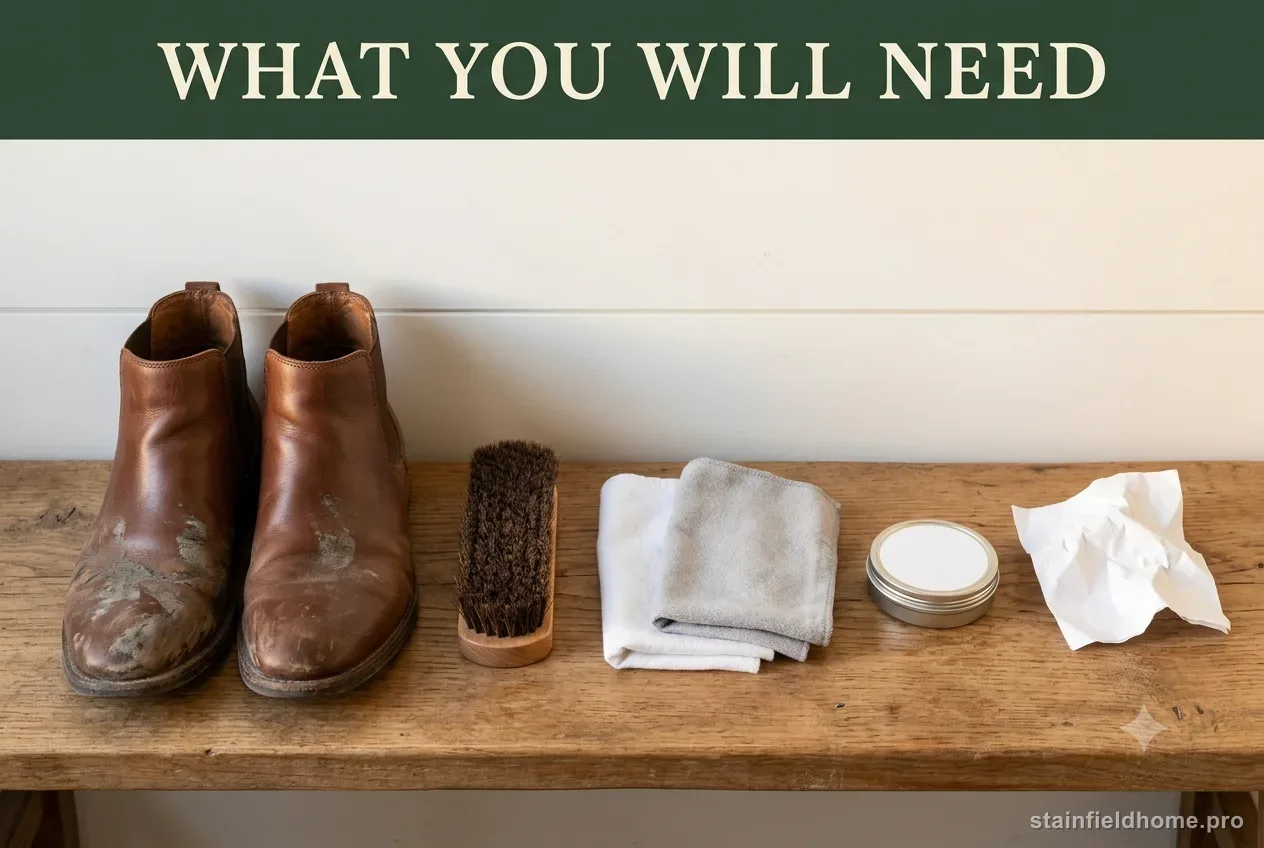 Muddy leather boots beside a horsehair shoe brush, soft cloths and a tin of leather conditioner