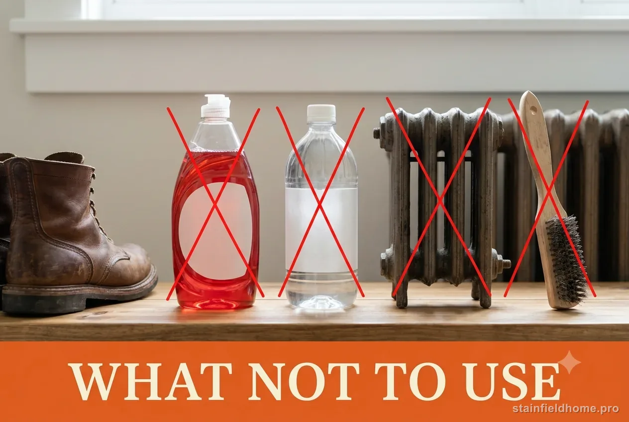 Dish soap, vinegar, a hot radiator and a wire brush marked with red X beside a leather boot