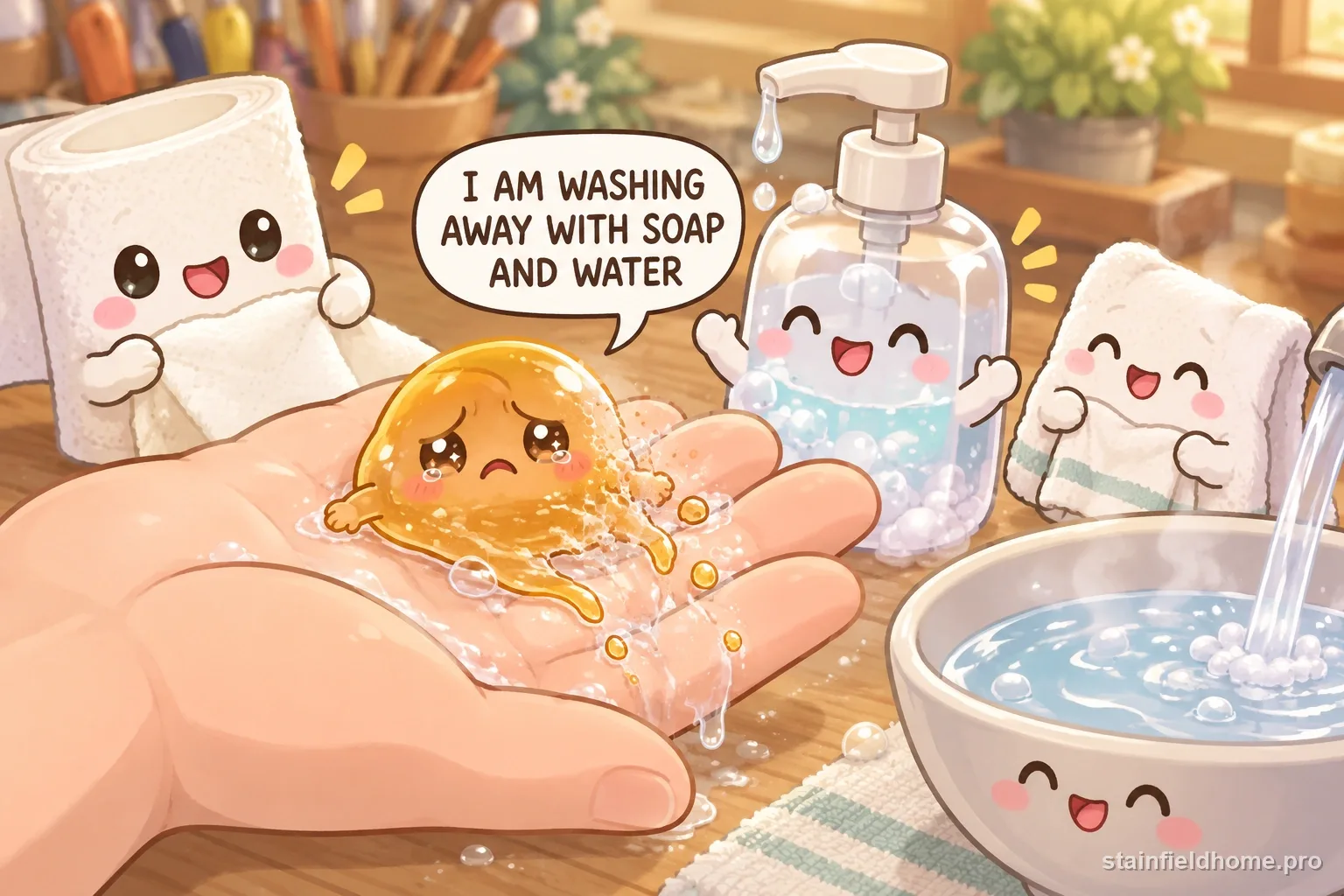 The epoxy character being washed off with soap and water.