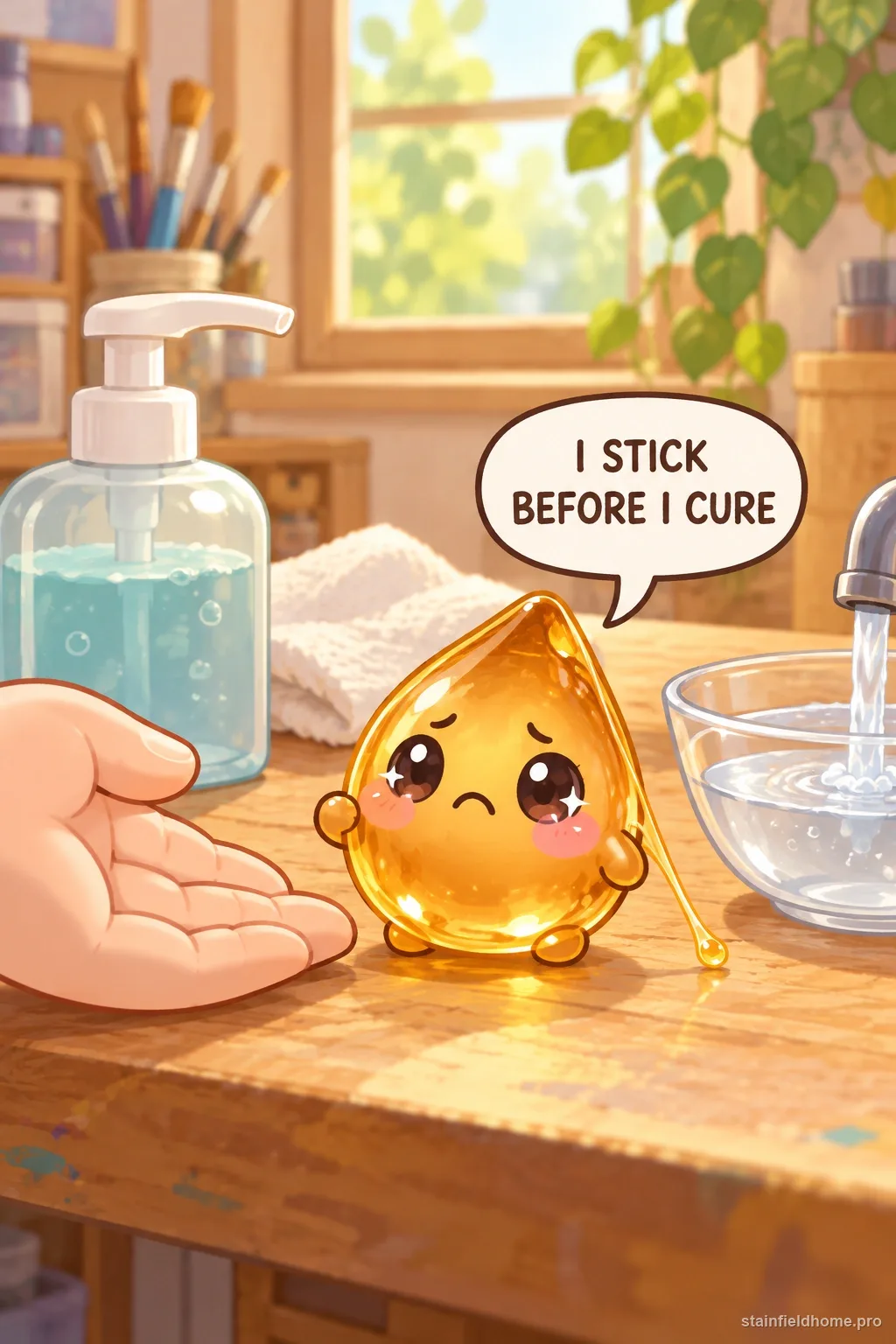 An uncured epoxy character sticking to a hand beside soap, water, and a towel, with a speech bubble.