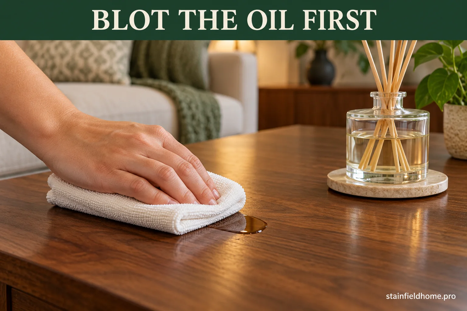 A fresh diffuser-oil spill being blotted with dry microfiber on a finished walnut tabletop.