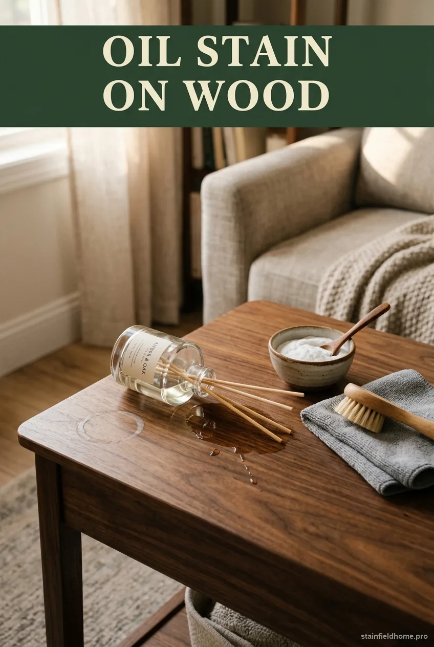 A tipped-over reed diffuser bottle on a dark walnut wood dresser with an oily ring soaking into the finish, next to a small dish of baking soda and a soft cloth