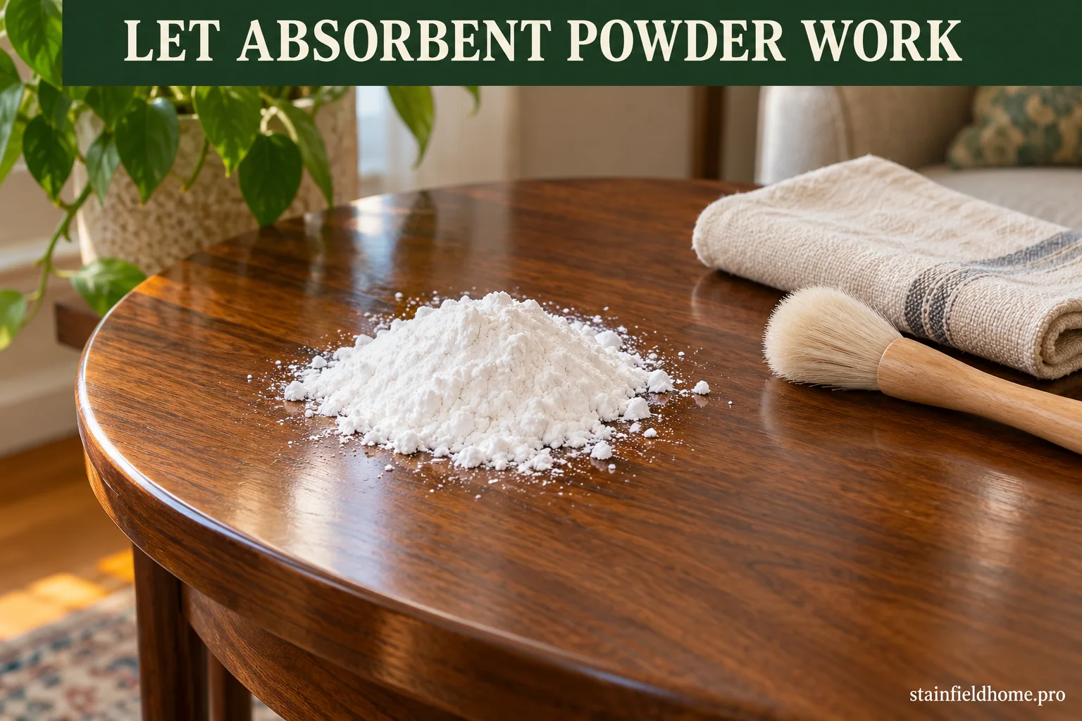 A mound of absorbent white powder resting on a finished walnut tabletop to draw out essential oil residue.