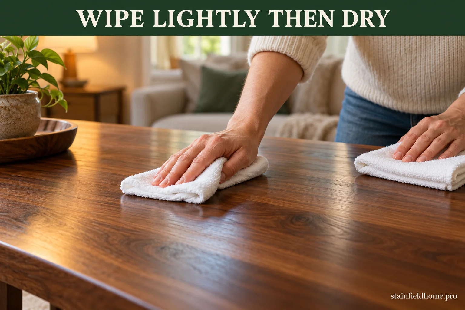 A barely damp cloth wiping a finished walnut table while a separate dry cloth is ready to remove moisture.