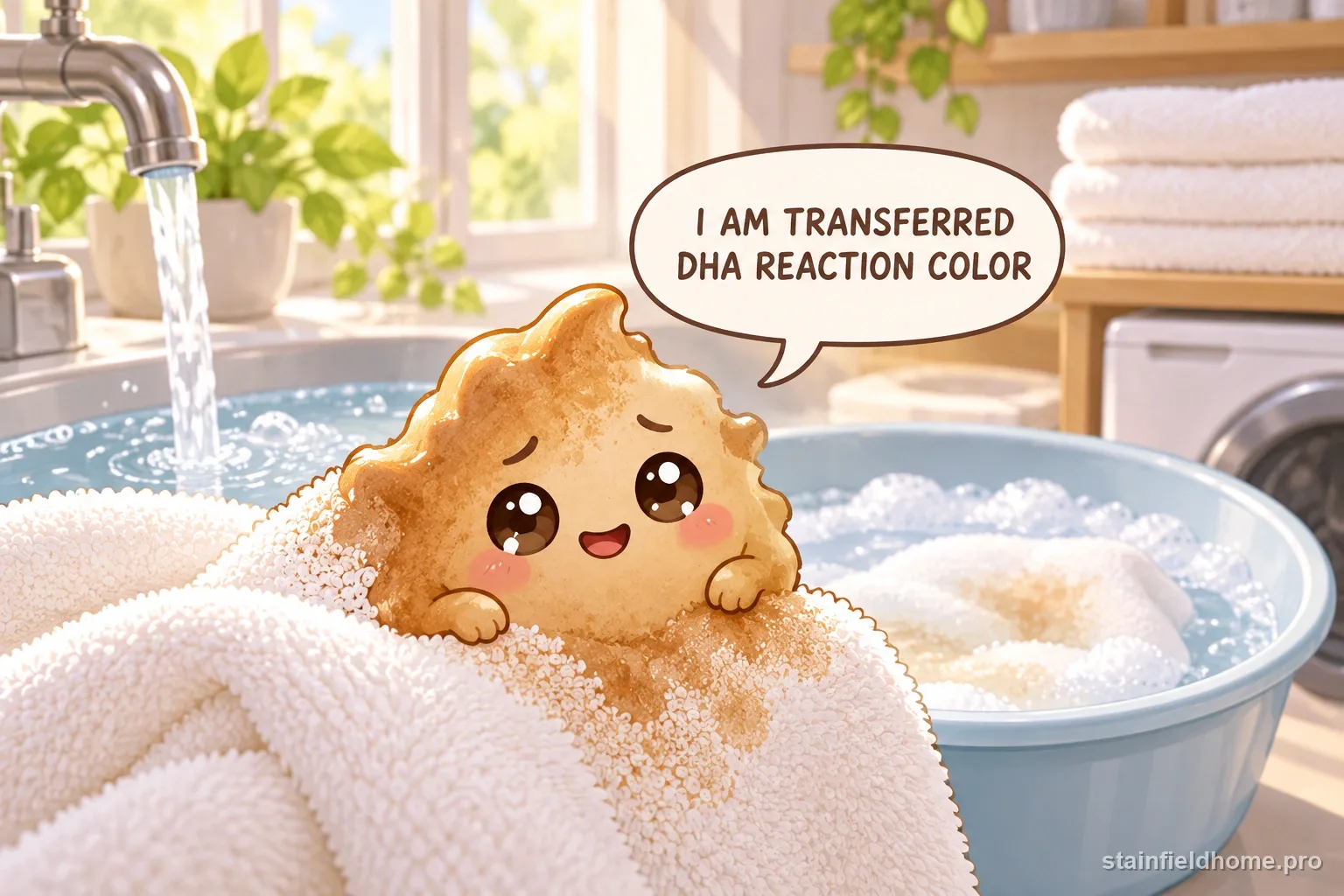 A chibi self-tanner character on white bath towels with a speech bubble reading “I AM TRANSFERRED DHA REACTION COLOR”.