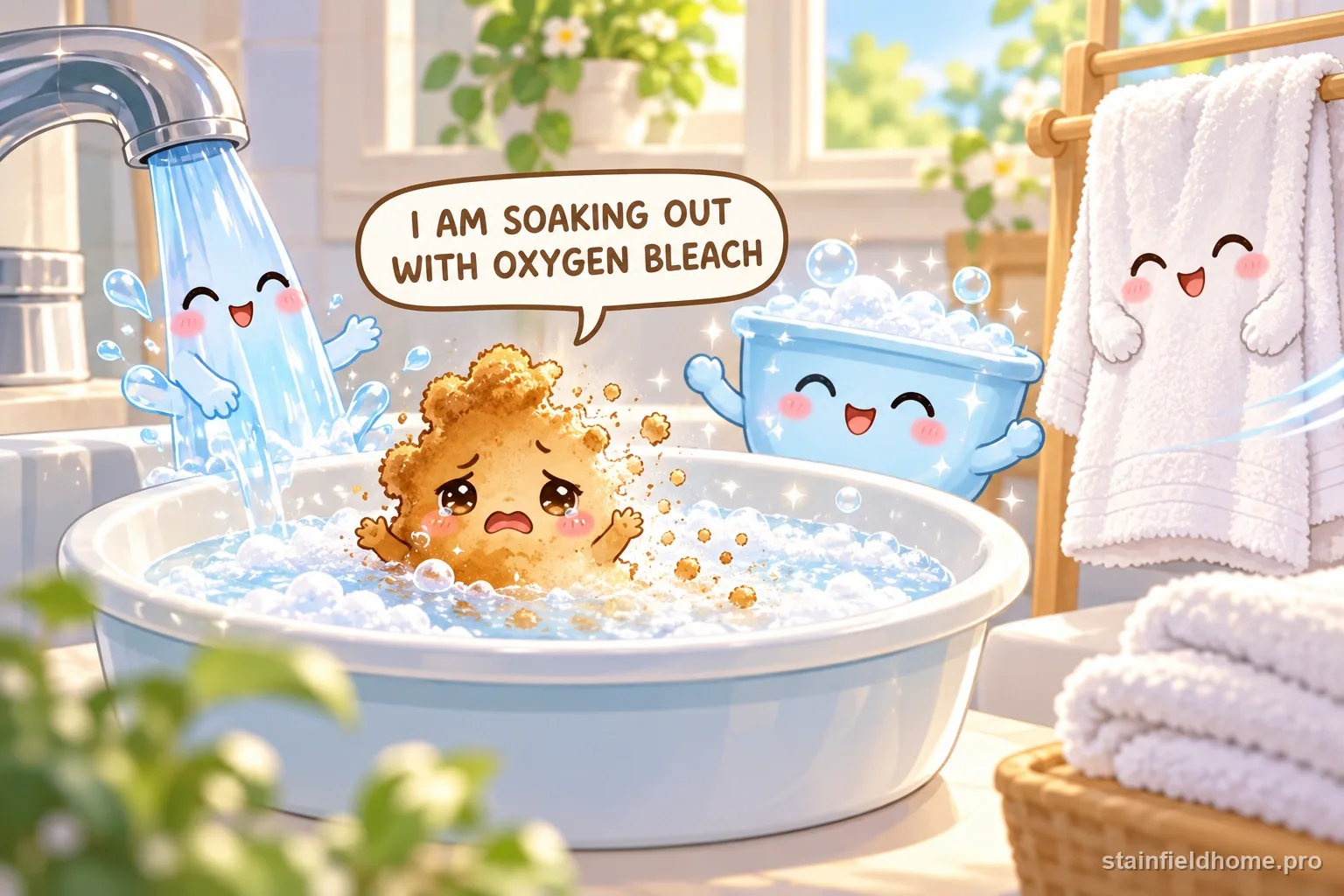 The self-tanner character fades beside cleaning supplies for white bath towels, with a speech bubble reading “I AM SOAKING OUT WITH OXYGEN BLEACH”.