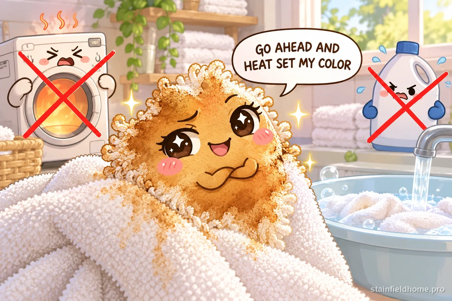 The self-tanner character warns against a risky cleaning method for white bath towels, with a speech bubble reading “GO AHEAD AND HEAT SET MY COLOR”.
