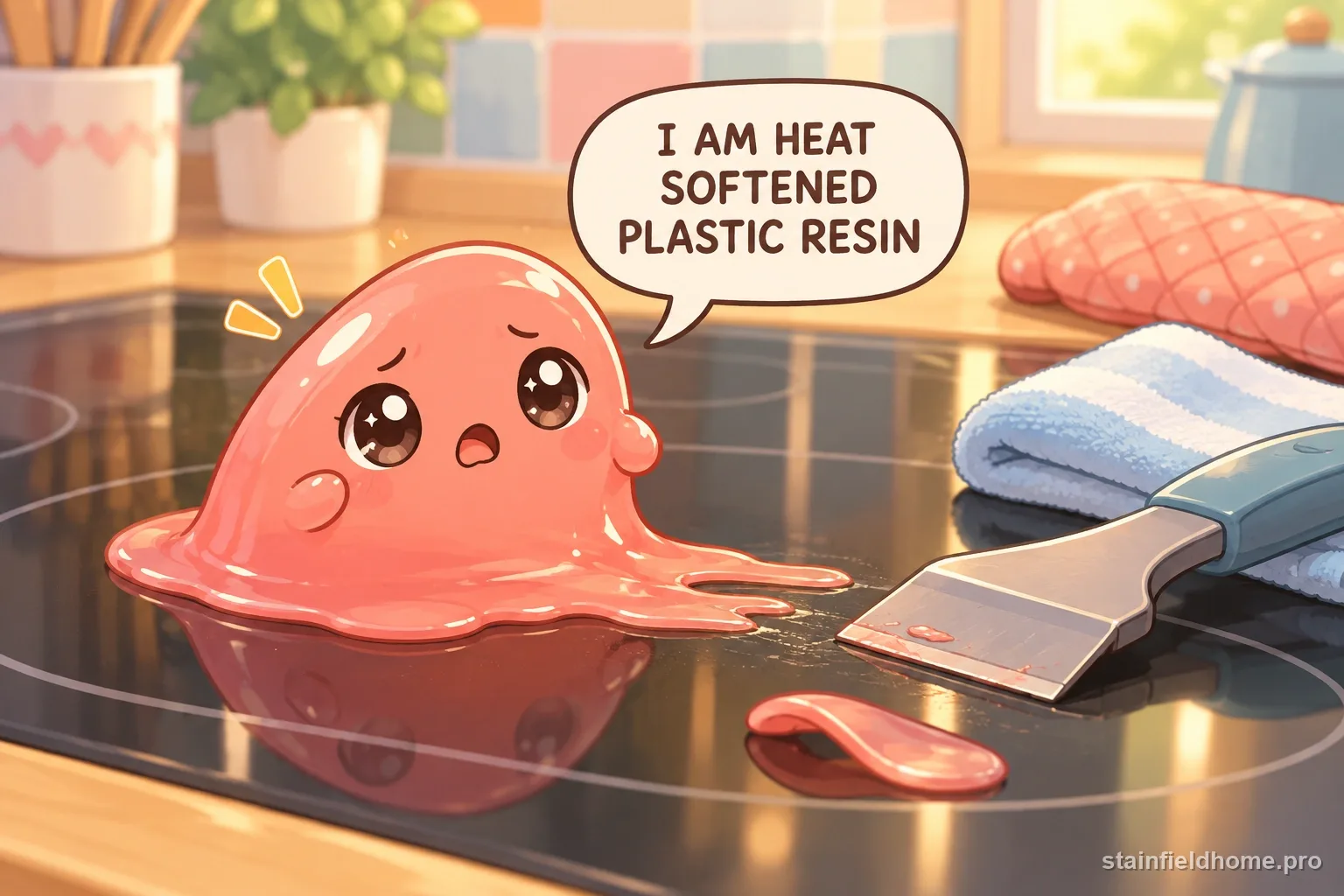 A heat-softened plastic character on a glass stovetop beside a scraper.