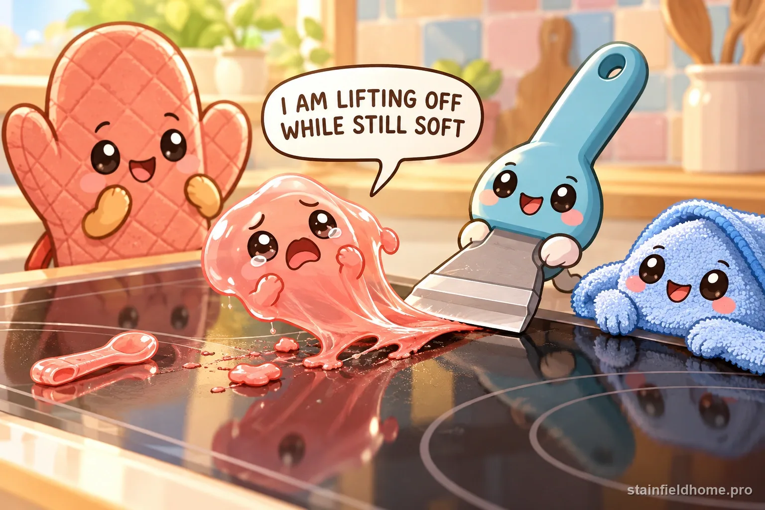 The plastic character lifting off while still soft with a cooktop scraper.