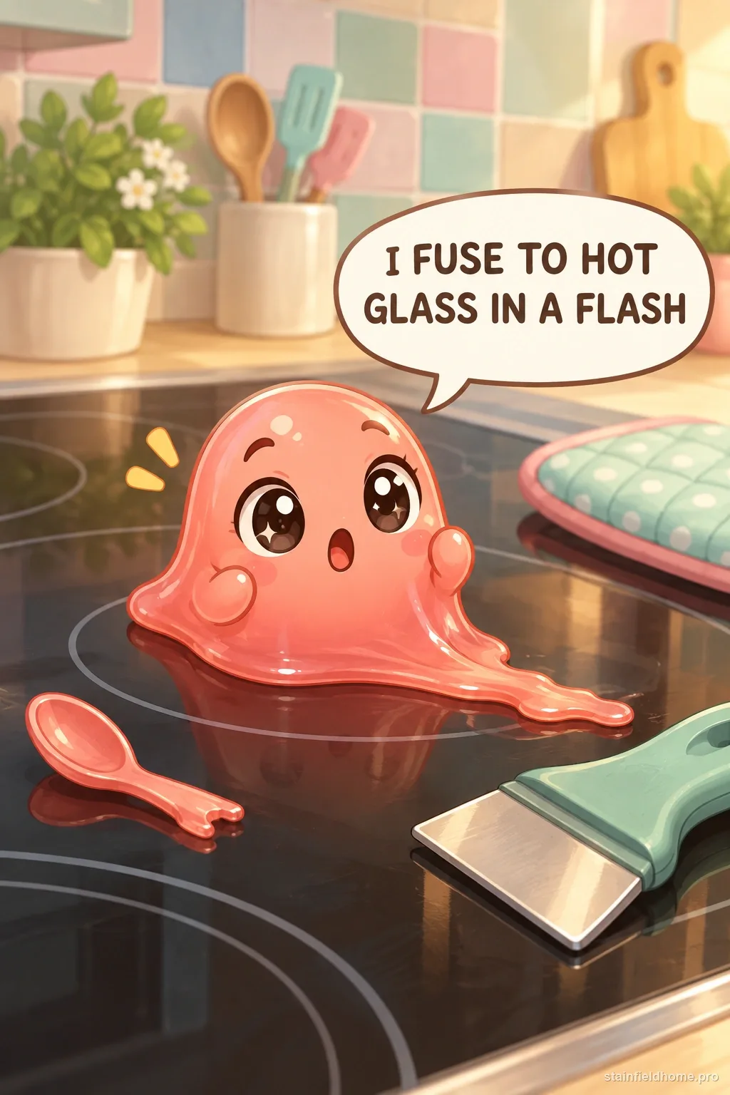 A coral plastic character softened on a glass stovetop beside a scraper and potholder, with a speech bubble.