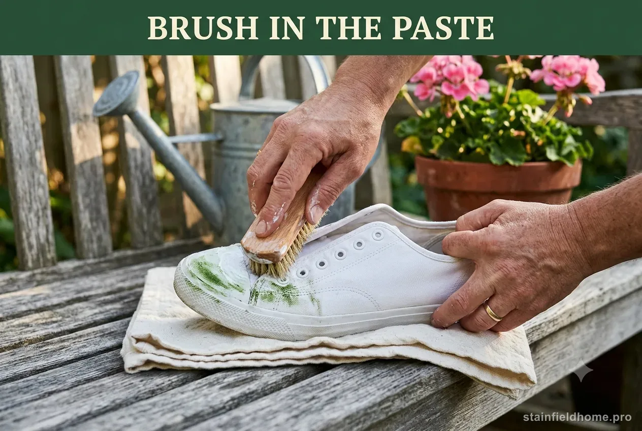 Hands using a wooden brush to work white paste into a green grass smudge on the toe of a white canvas sneaker on a porch bench