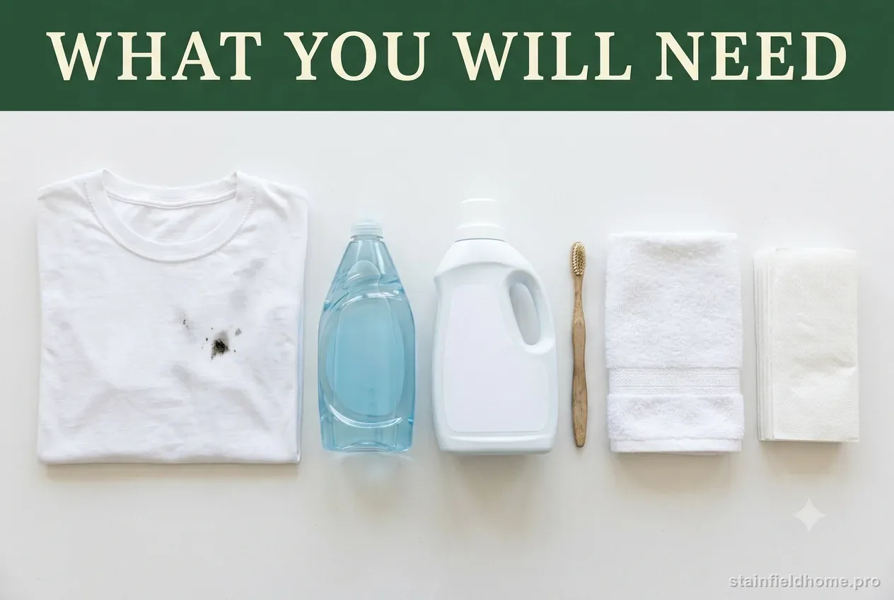 A stained white shirt, liquid dish soap, heavy-duty detergent, a soft toothbrush, a white towel and paper towels