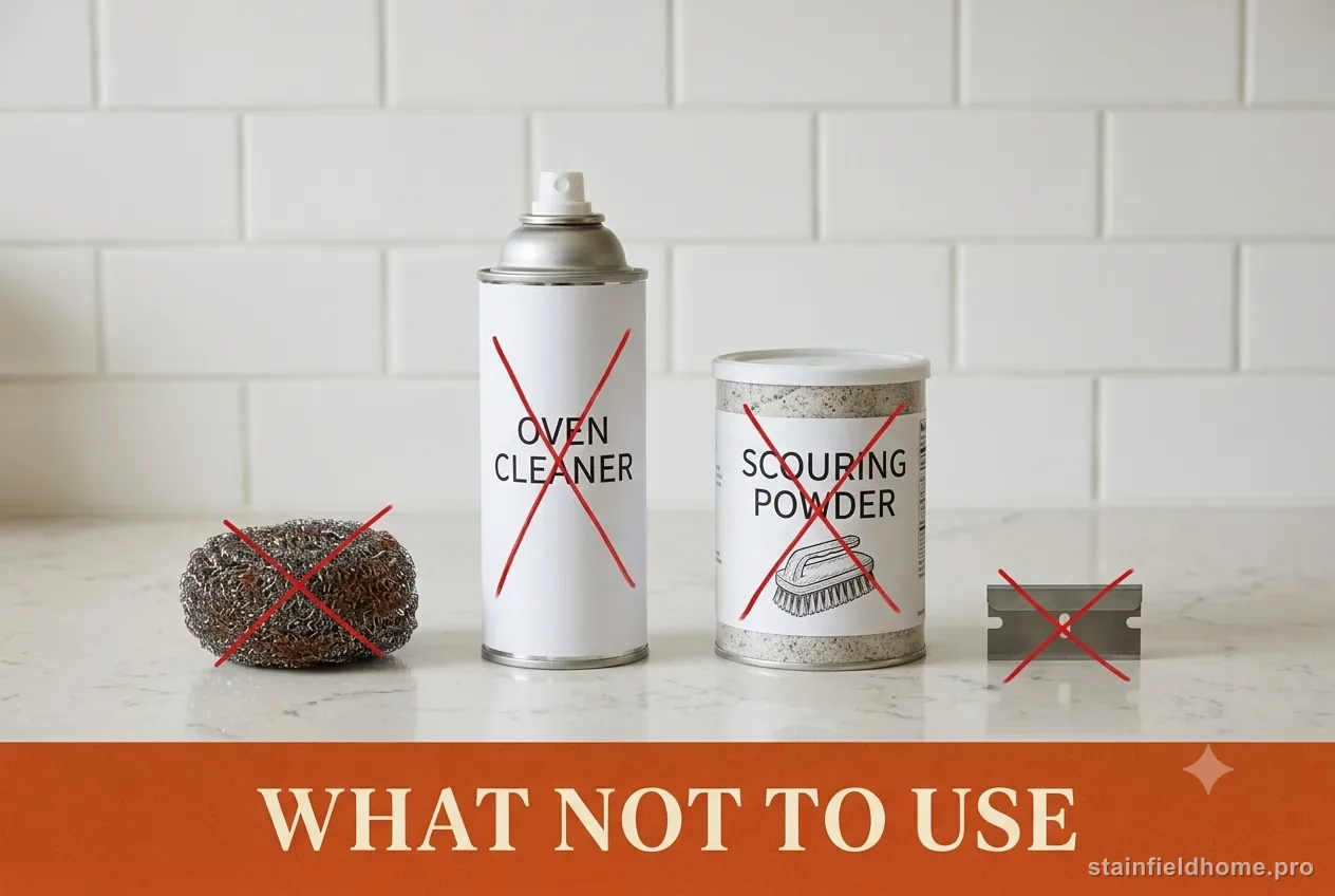 Steel wool, oven cleaner, scouring powder and a razor blade marked with red X