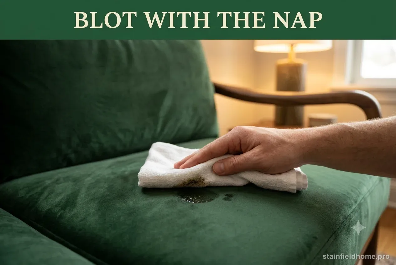 A hand blotting a grease spot on green velvet upholstery with a folded white towel