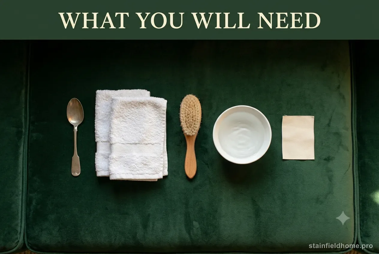 A spoon, folded towels, a soft brush, a bowl of water and a fabric care tag on forest-green velvet