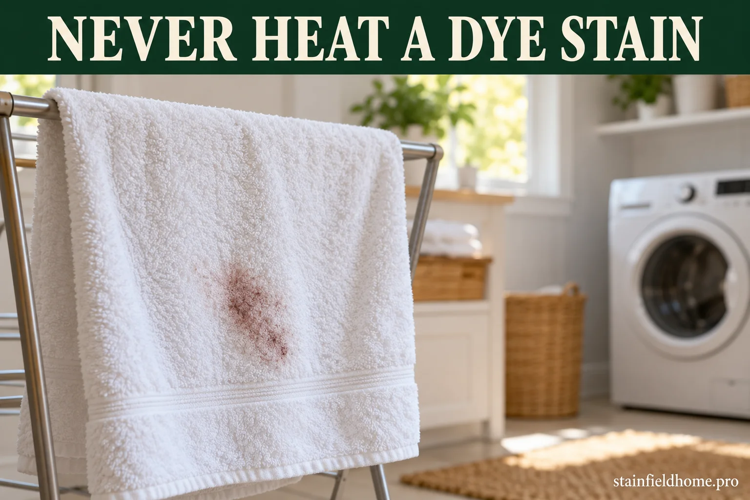 A white towel with a visible auburn dye shadow air-drying on a rack away from a clothes dryer.