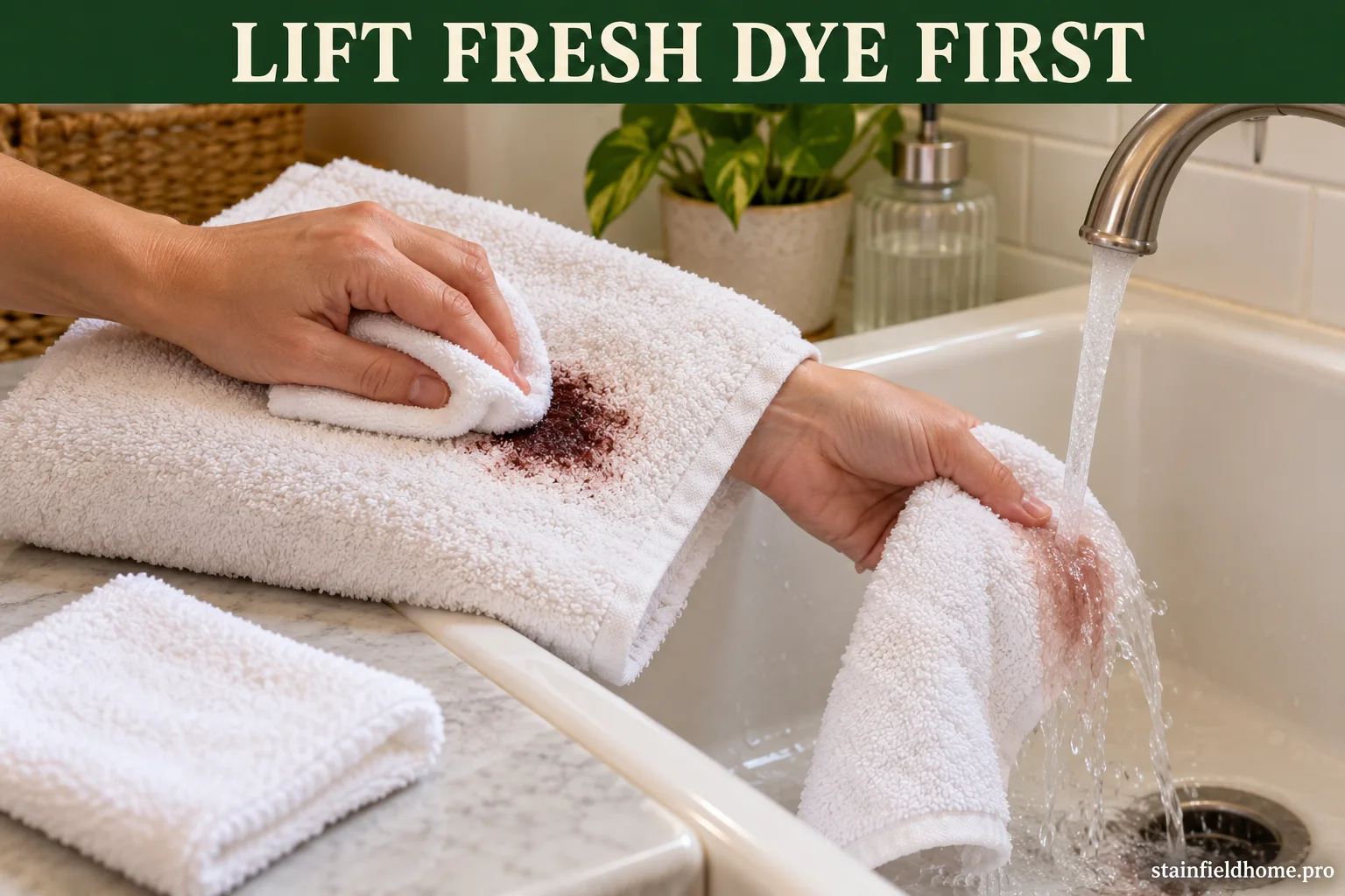 A fresh auburn dye mark being blotted from a white bath towel before the fabric is rinsed with cool water.