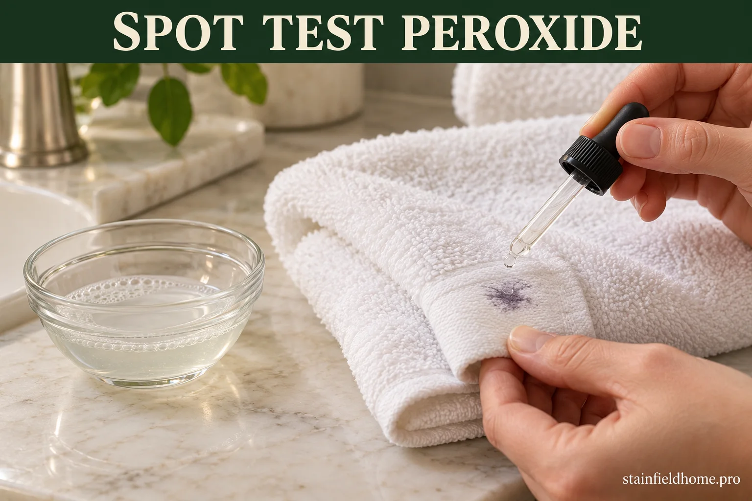 A dropper applying hydrogen peroxide to a hidden patch of a white towel to test its color safety.