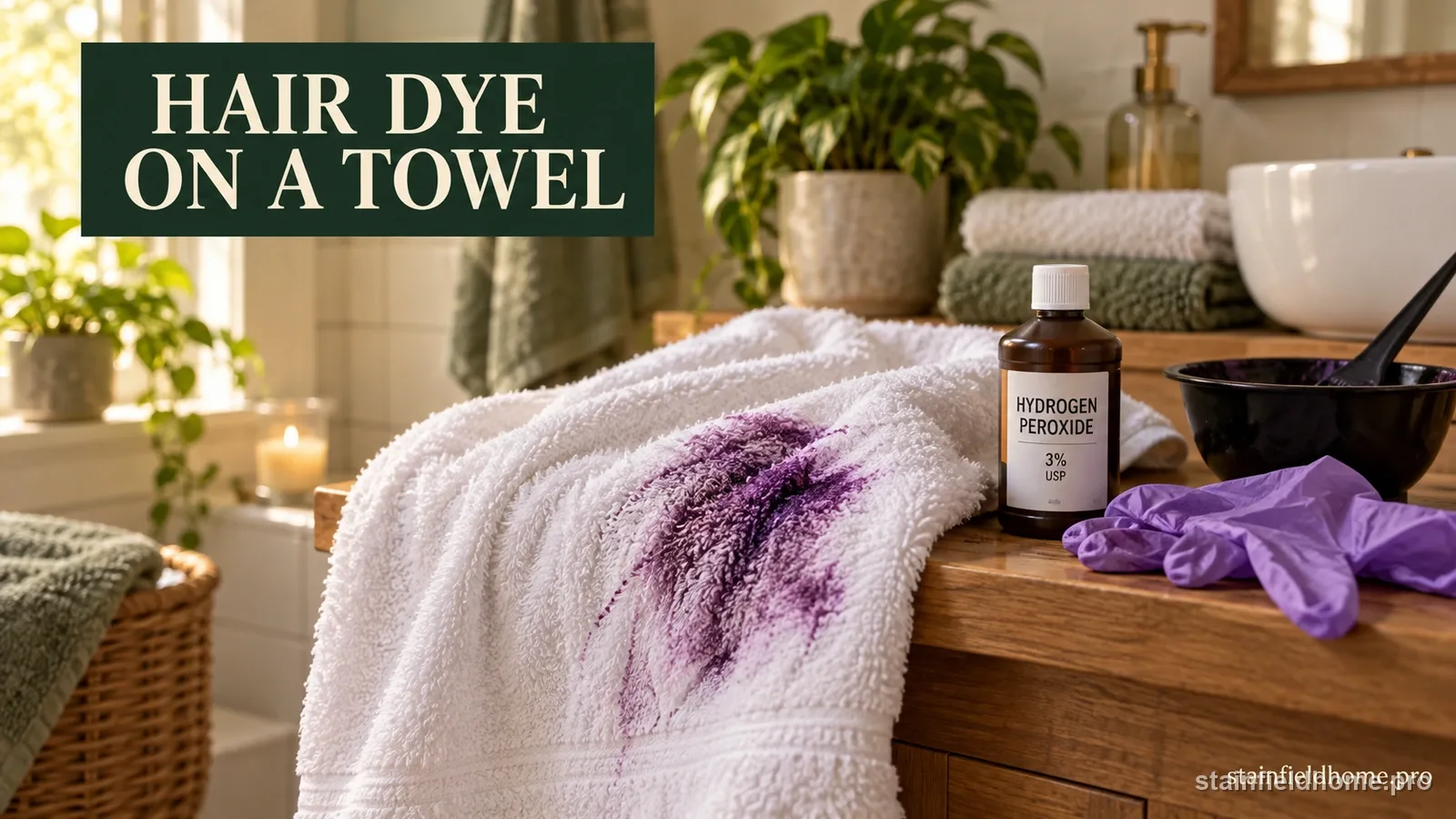 A white bath towel with a purple hair-dye stain draped over a bathroom vanity next to a bottle of hydrogen peroxide and purple gloves