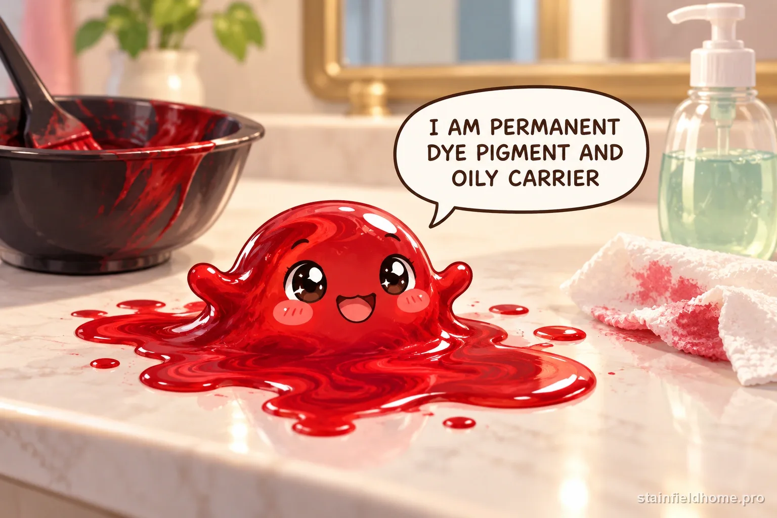 A chibi permanent hair dye character on bathroom countertop with a speech bubble reading “I AM PERMANENT DYE PIGMENT AND OILY CARRIER”.
