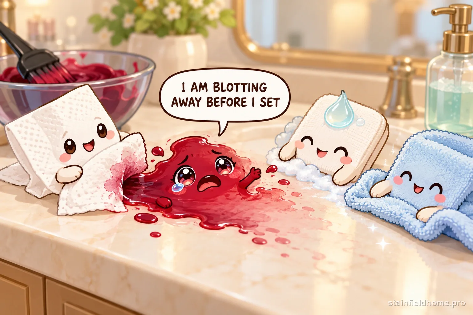 The permanent hair dye character fades beside cleaning supplies for bathroom countertop, with a speech bubble reading “I AM BLOTTING AWAY BEFORE I SET”.