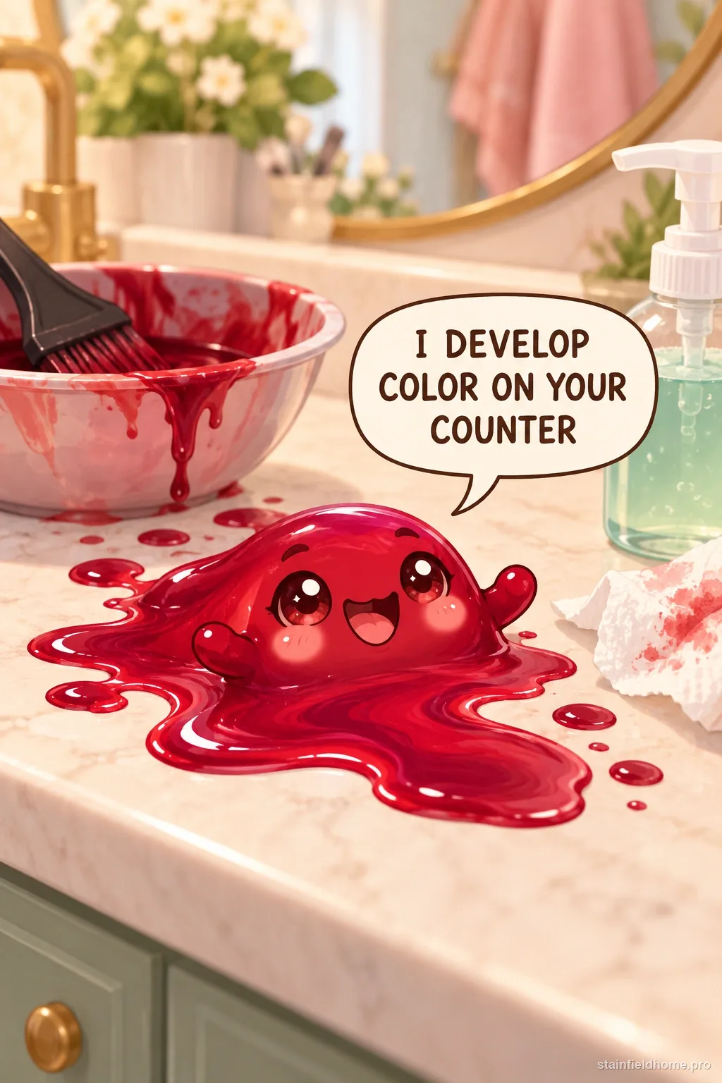 A dark reddish splatter of box hair dye drying on a white quartz bathroom countertop next to the sink