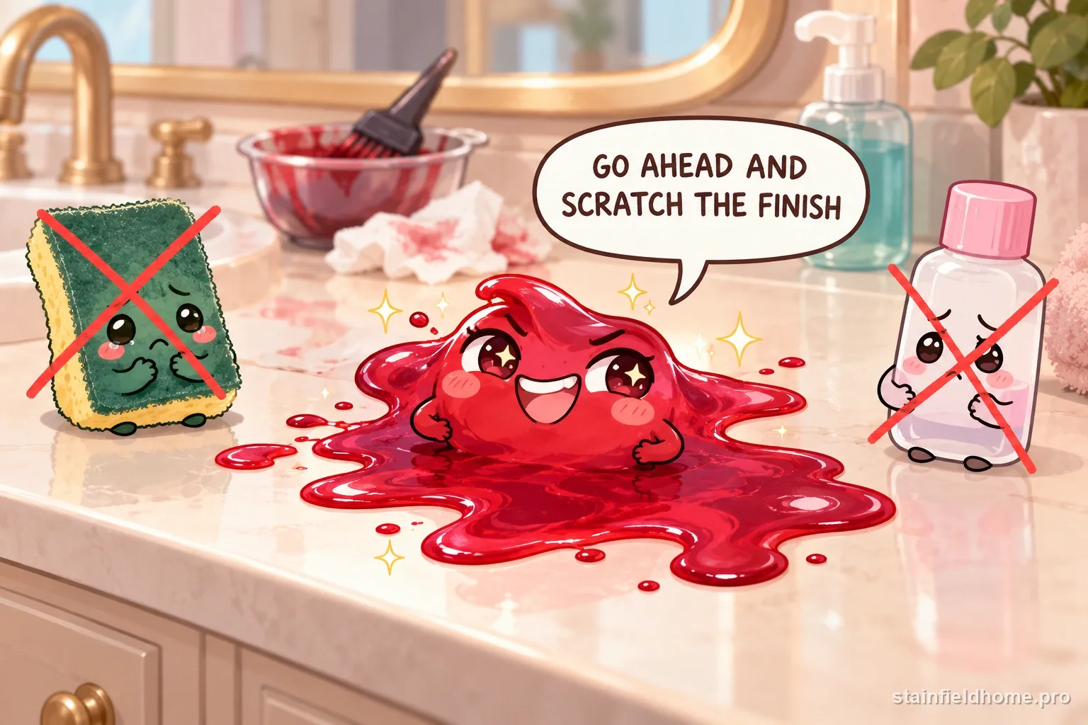 The permanent hair dye character warns against a risky cleaning method for bathroom countertop, with a speech bubble reading “GO AHEAD AND SCRATCH THE FINISH”.