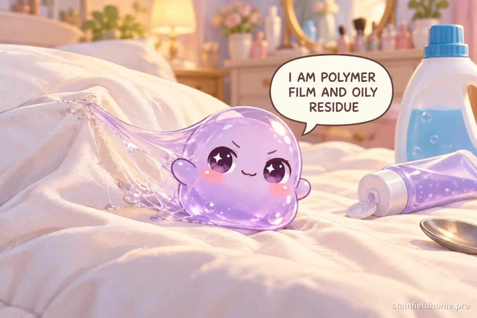 A chibi hair gel character on pillowcase with a speech bubble reading “I AM POLYMER FILM AND OILY RESIDUE”.