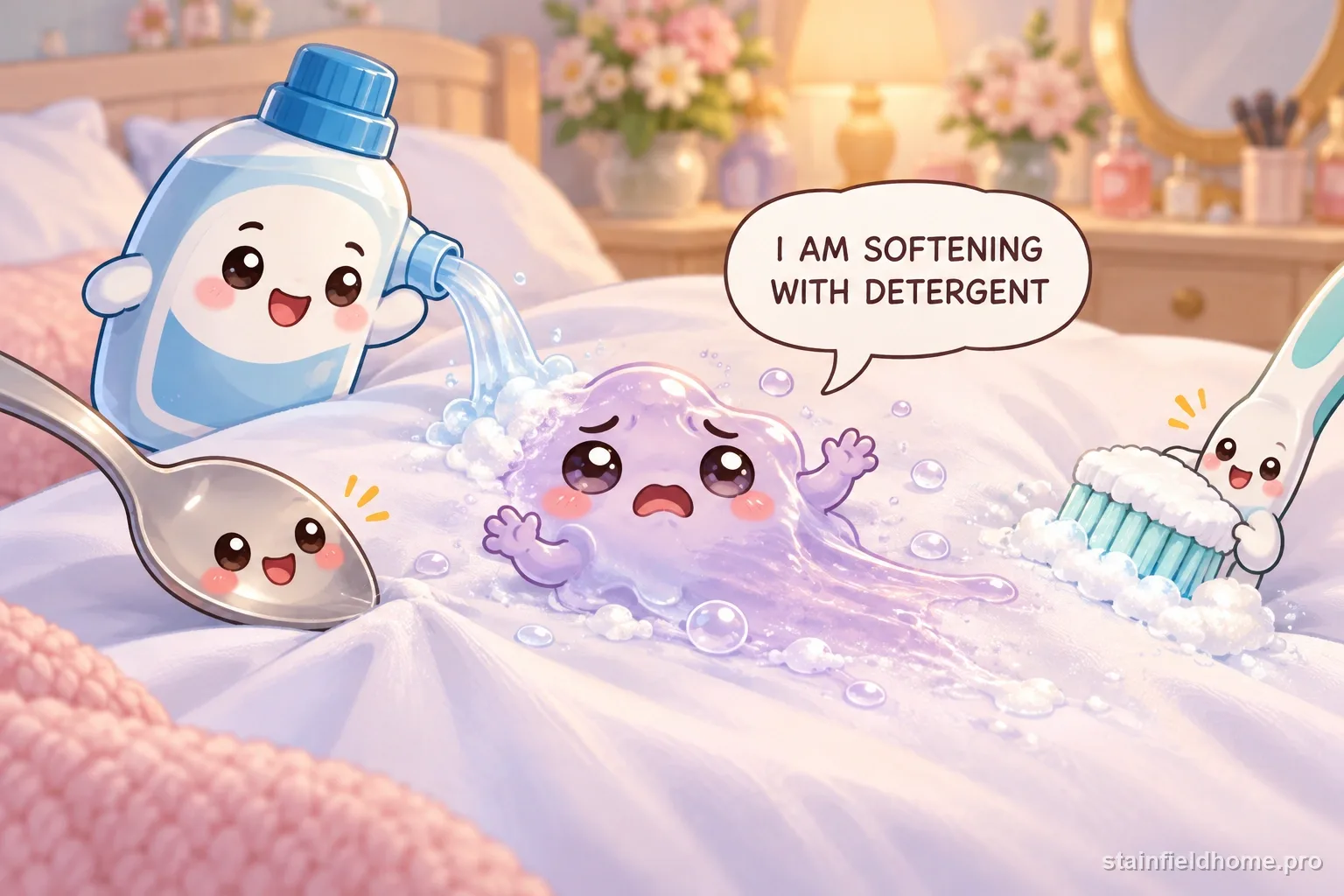 The hair gel character fades beside cleaning supplies for pillowcase, with a speech bubble reading “I AM SOFTENING WITH DETERGENT”.
