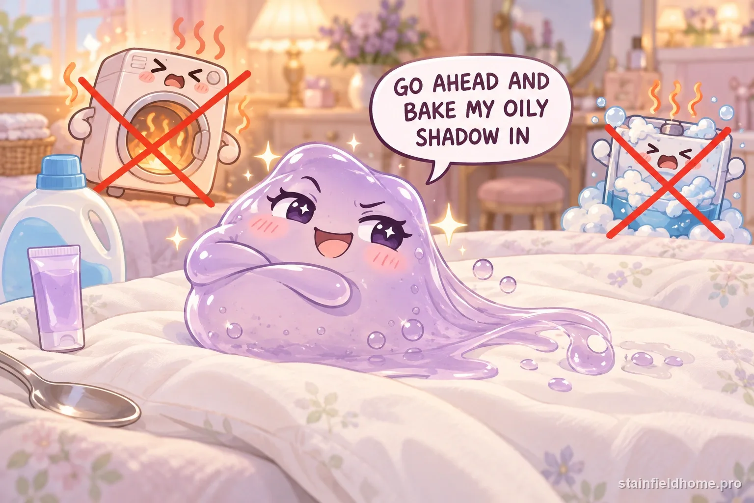 The hair gel character warns against a risky cleaning method for pillowcase, with a speech bubble reading “GO AHEAD AND BAKE MY OILY SHADOW IN”.