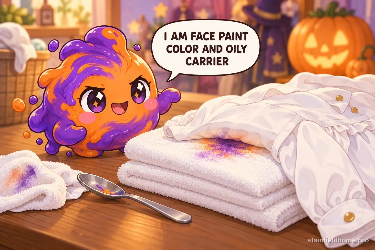 A chibi halloween face paint character on washable clothing with a speech bubble reading “I AM FACE PAINT COLOR AND OILY CARRIER”.