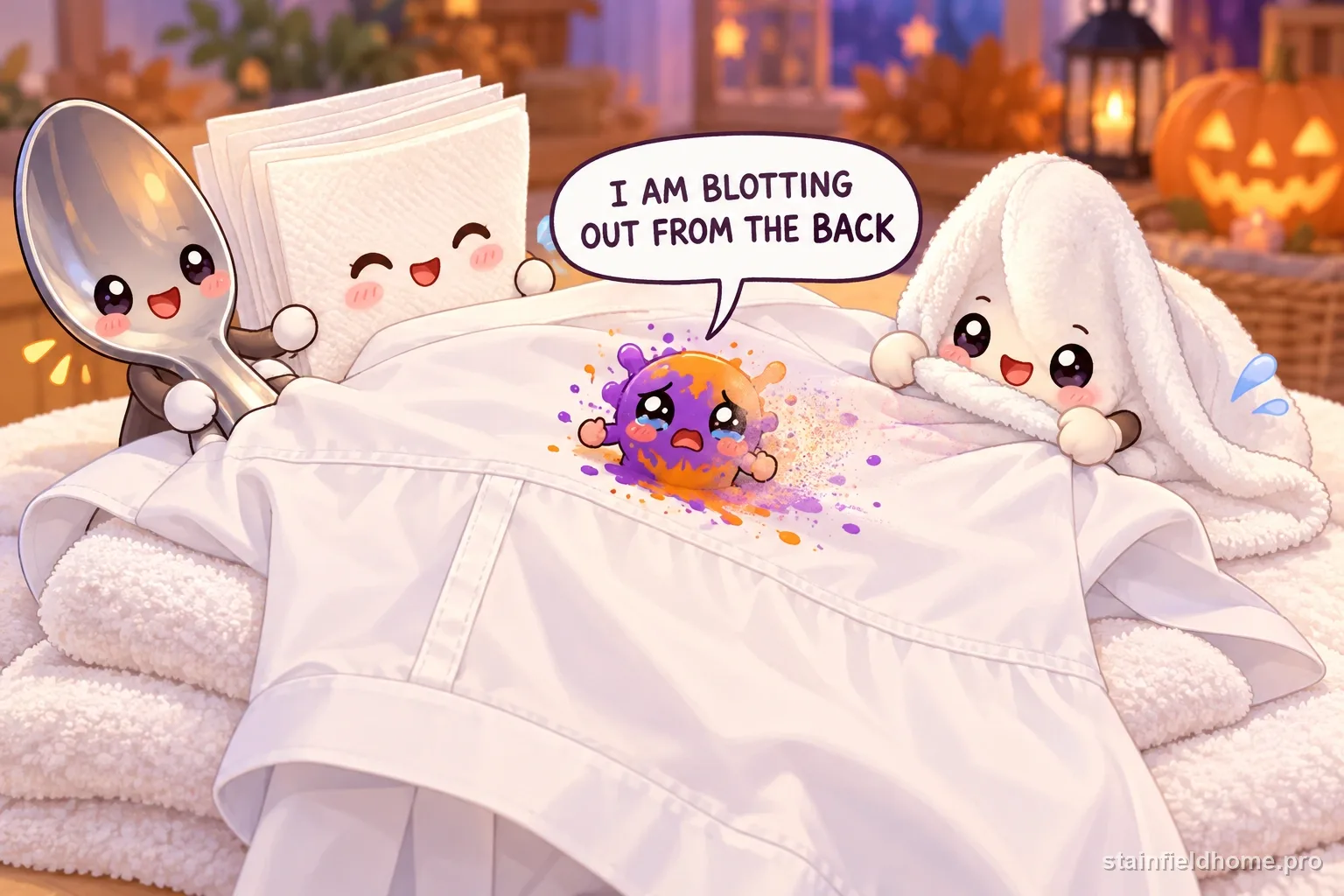 The halloween face paint character fades beside cleaning supplies for washable clothing, with a speech bubble reading “I AM BLOTTING OUT FROM THE BACK”.