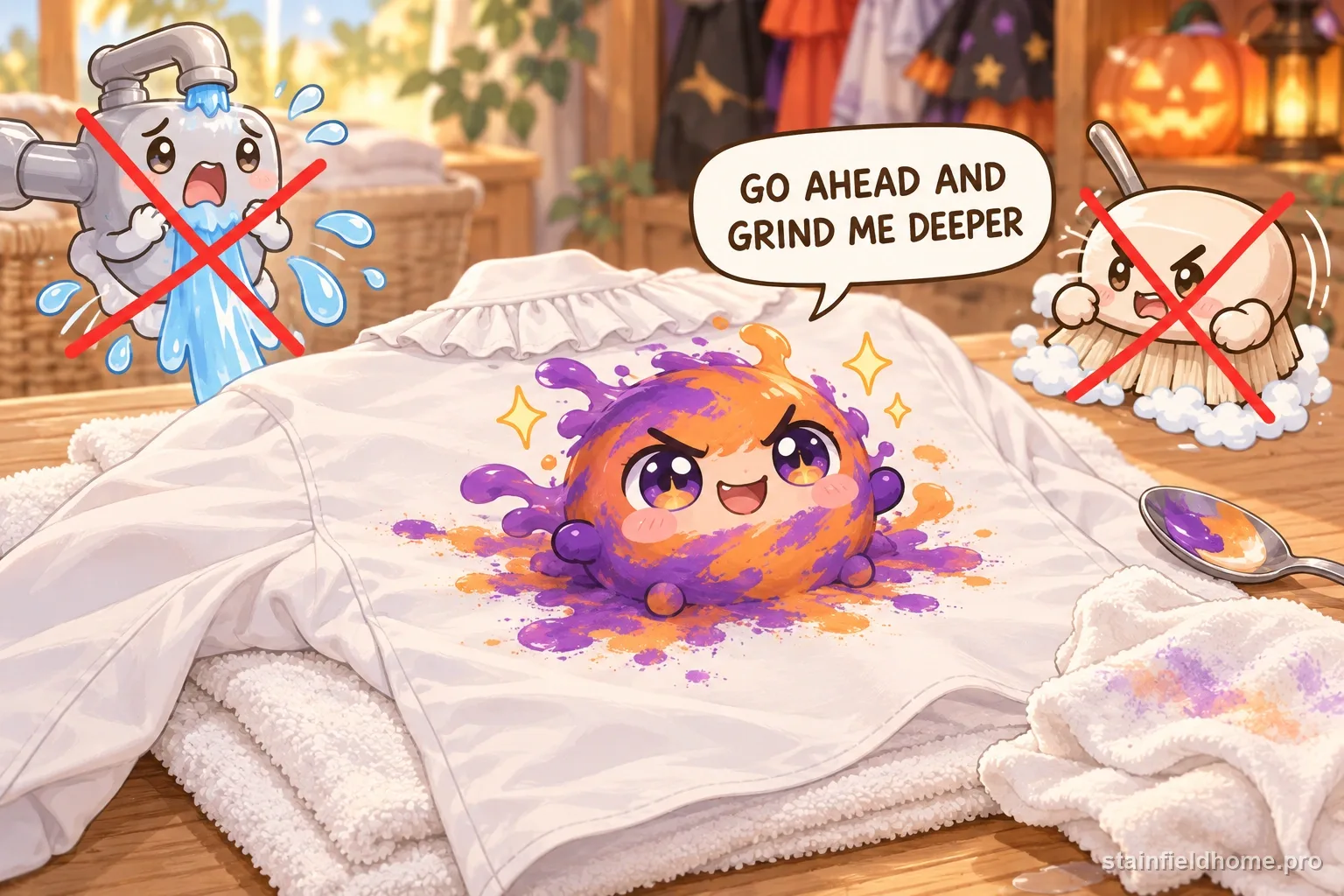The halloween face paint character warns against a risky cleaning method for washable clothing, with a speech bubble reading “GO AHEAD AND GRIND ME DEEPER”.