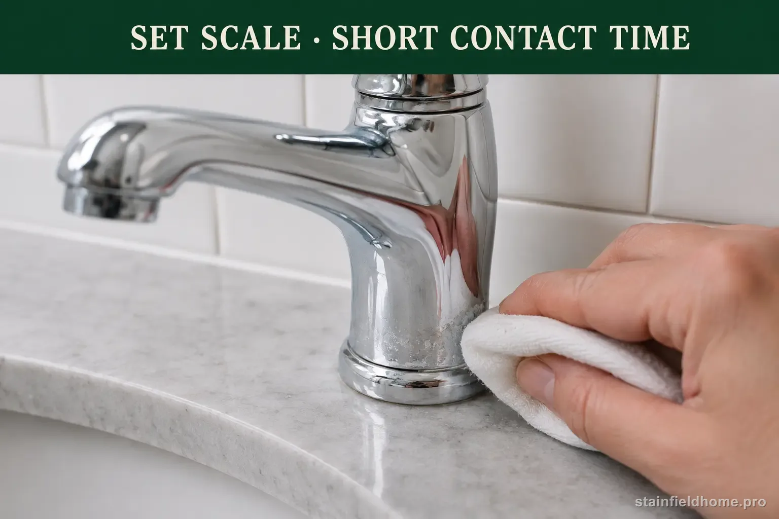 A soft white cloth held briefly against scale at the base of a chrome faucet