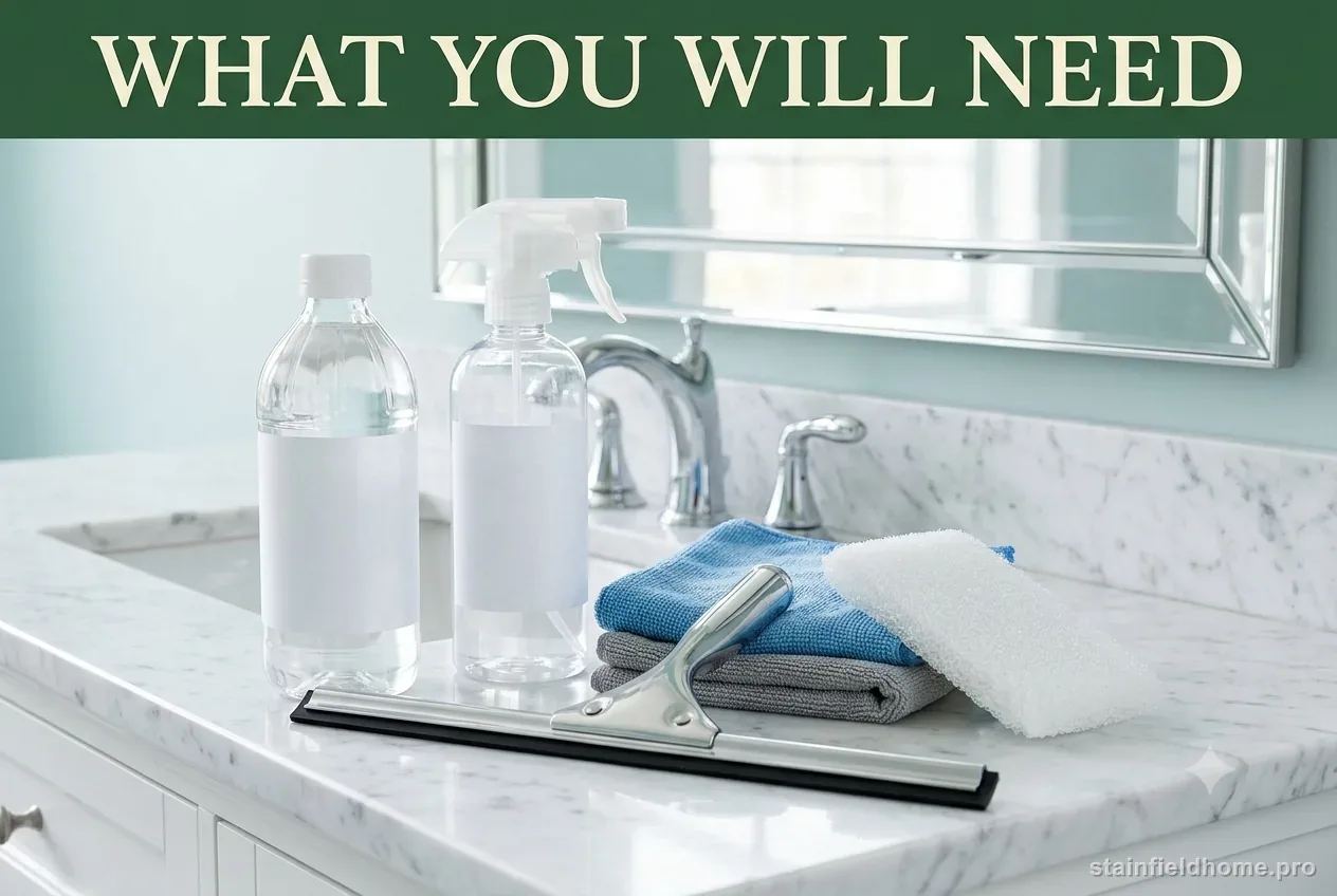 White vinegar, a spray bottle, a non-scratch pad, folded microfiber cloths and a squeegee on a marble vanity