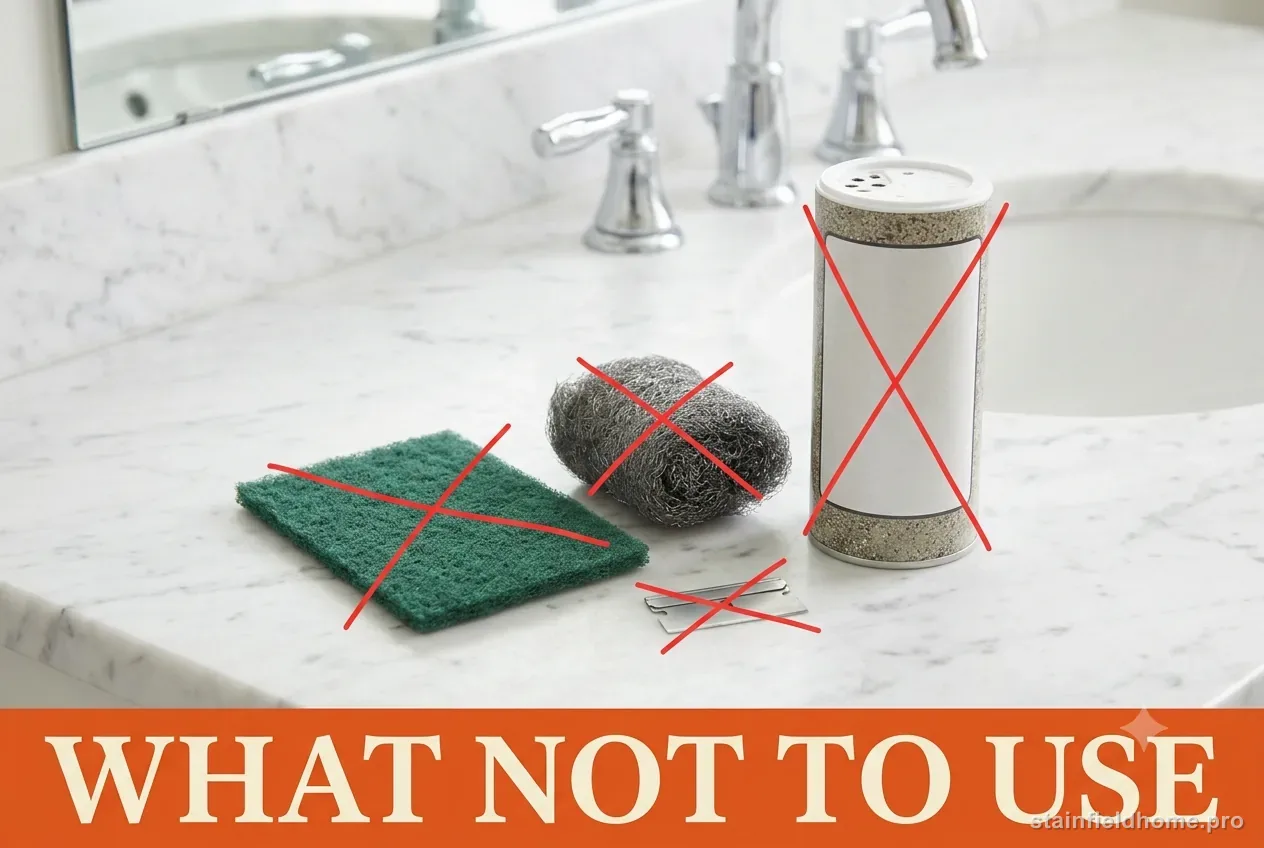A green scouring pad, steel wool, a razor blade and a canister of scouring powder marked with red X