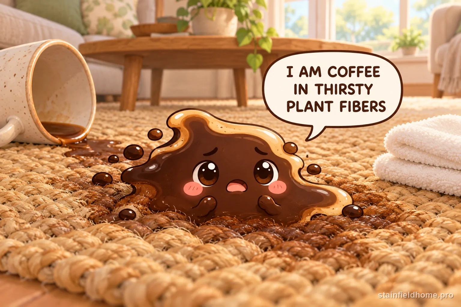 A coffee character on a jute rug beside the spilled mug.