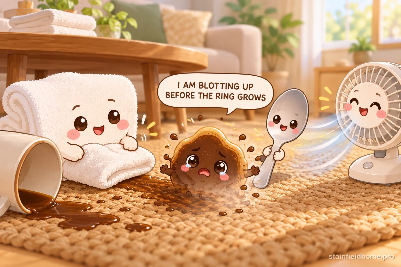 The coffee character being blotted beside a white cloth, spoon, and fan.