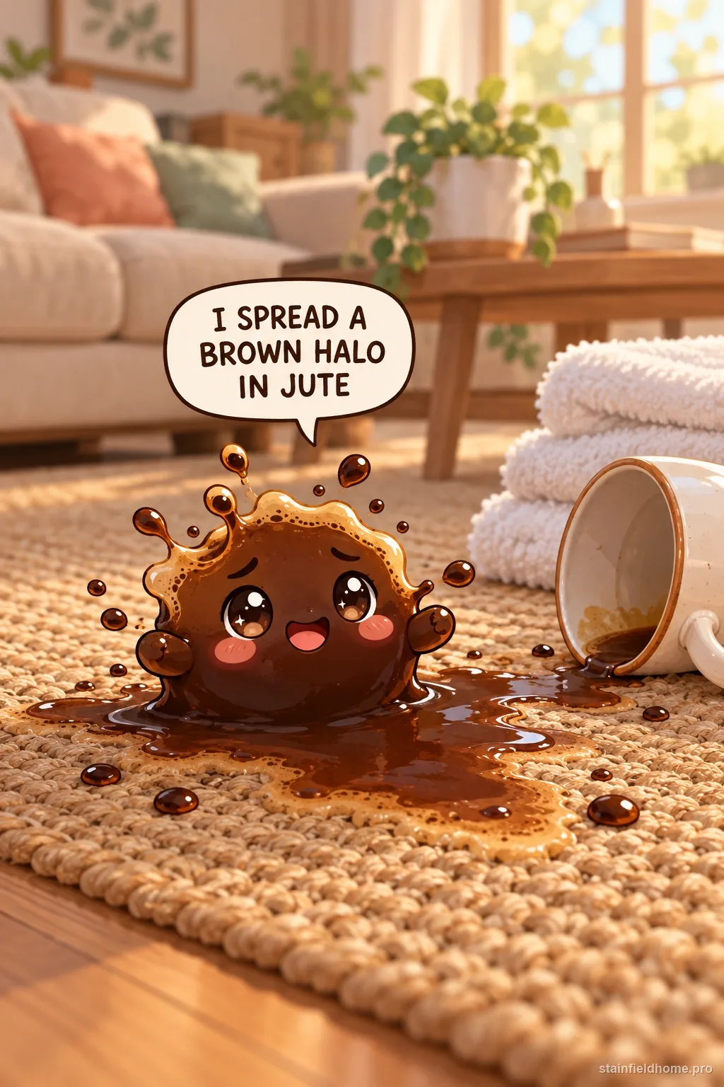 A brown coffee character spreading across a natural jute rug beside a tipped cup, with a speech bubble.