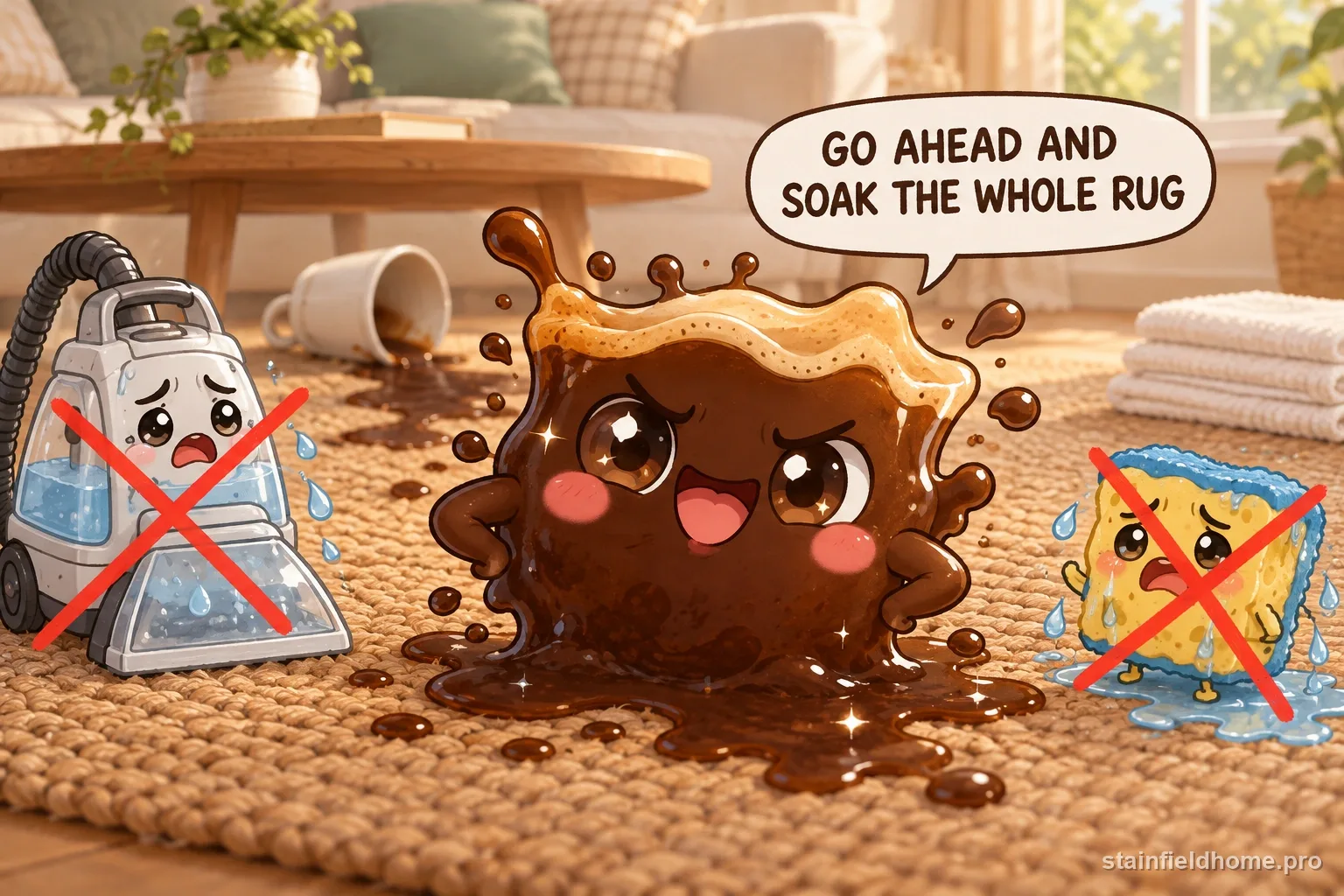 The coffee character beside a crossed-out carpet washer and soaked sponge.