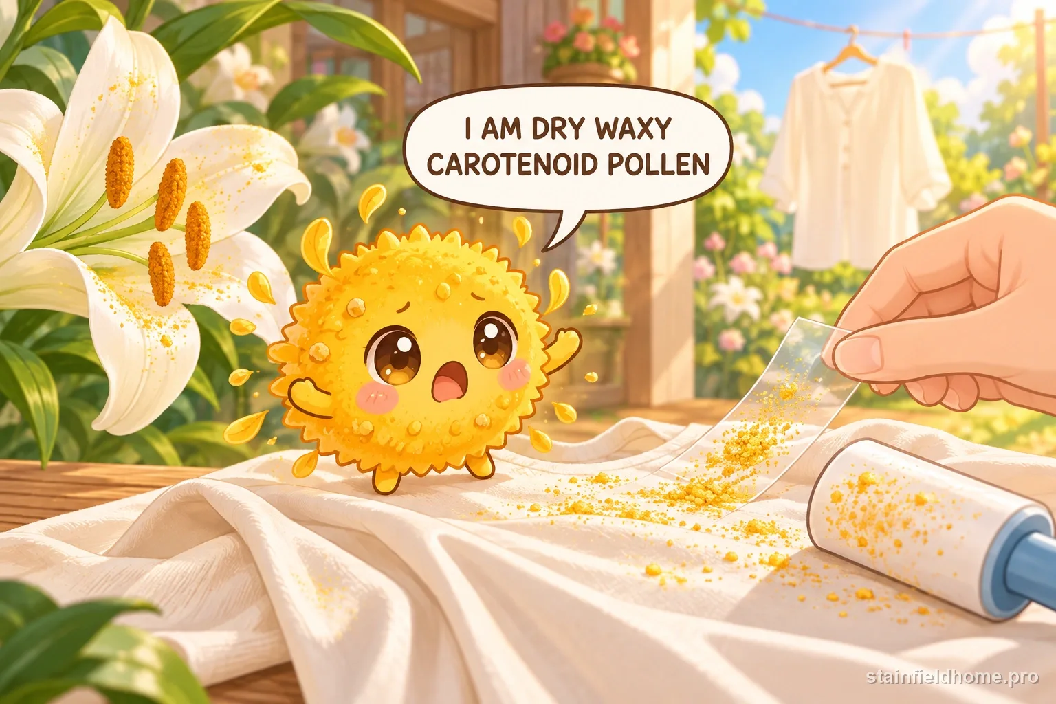 A chibi lily pollen character on clothing with a speech bubble reading “I AM DRY WAXY CAROTENOID POLLEN”.