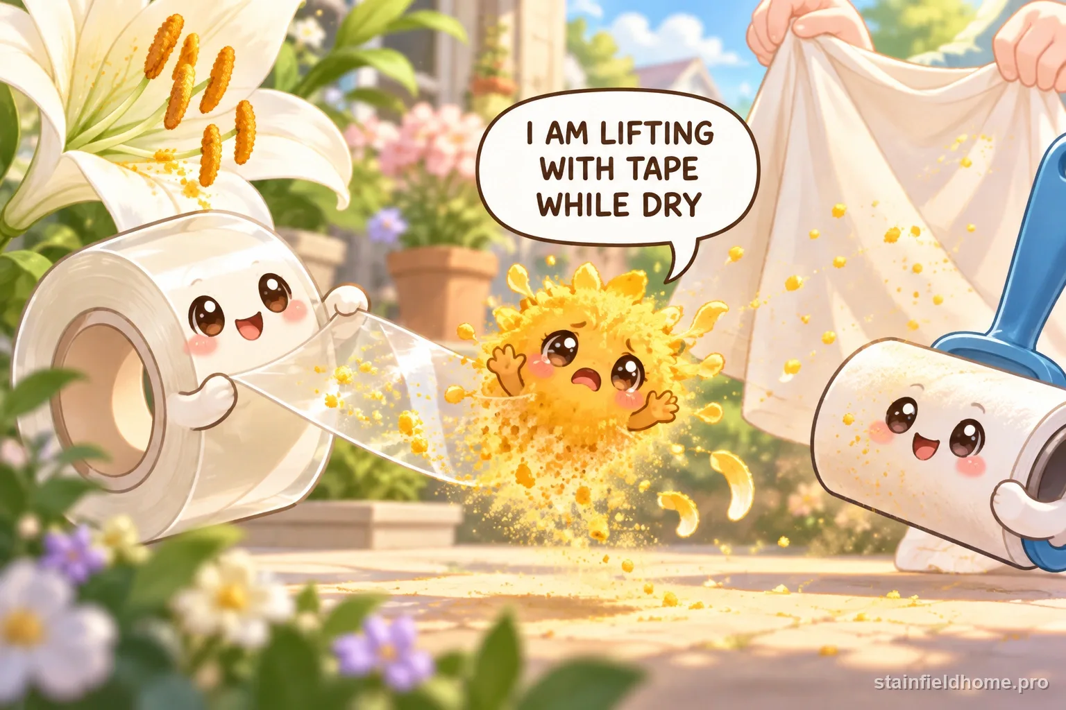 The lily pollen character fades beside cleaning supplies for clothing, with a speech bubble reading “I AM LIFTING WITH TAPE WHILE DRY”.
