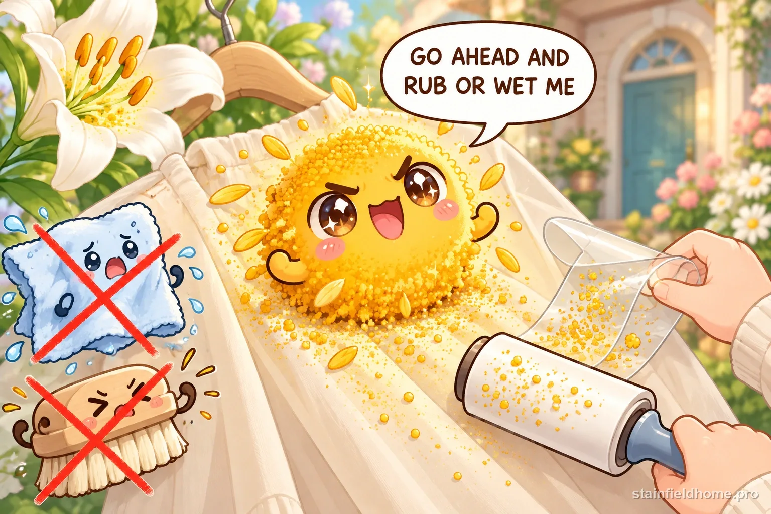 The lily pollen character warns against a risky cleaning method for clothing, with a speech bubble reading “GO AHEAD AND RUB OR WET ME”.