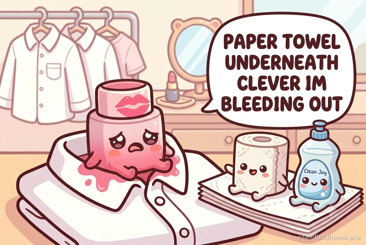 The lipstick character fading onto paper towels beside a cheerful cartoon dish-soap bottle