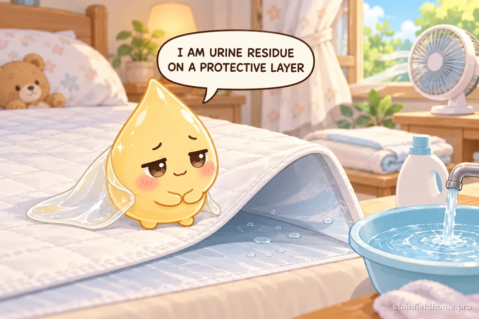A chibi urine character on waterproof mattress protector with a speech bubble reading “I AM URINE RESIDUE ON A PROTECTIVE LAYER”.