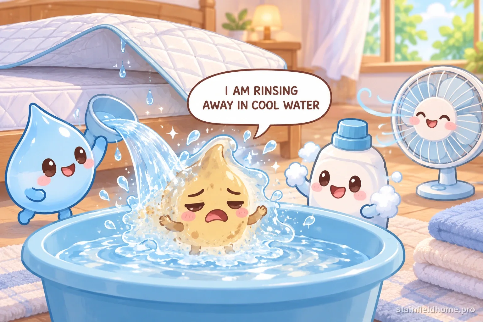 The urine character fades beside cleaning supplies for waterproof mattress protector, with a speech bubble reading “I AM RINSING AWAY IN COOL WATER”.