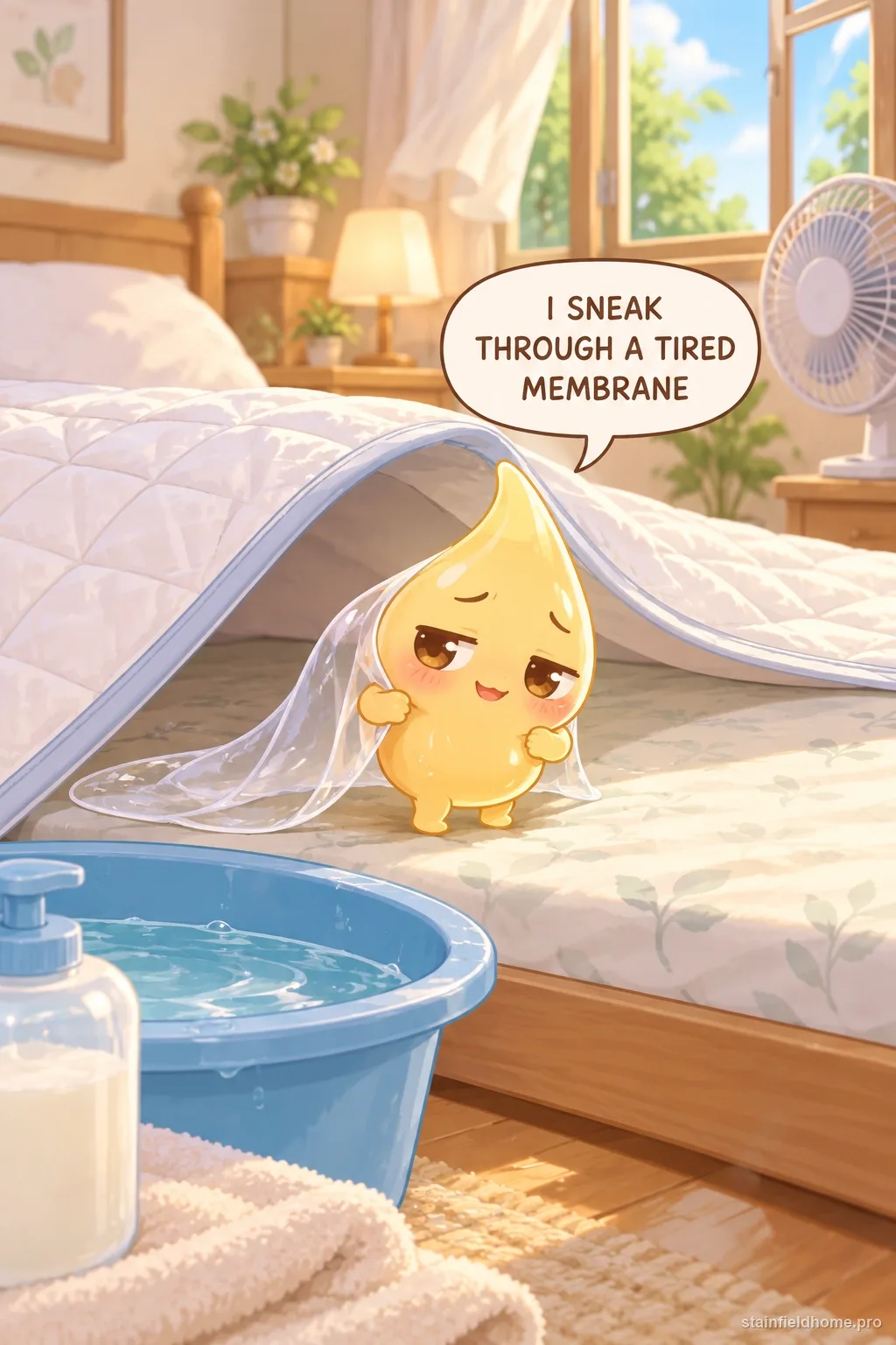 A chibi urine character in an illustrated scene about waterproof mattress protector.