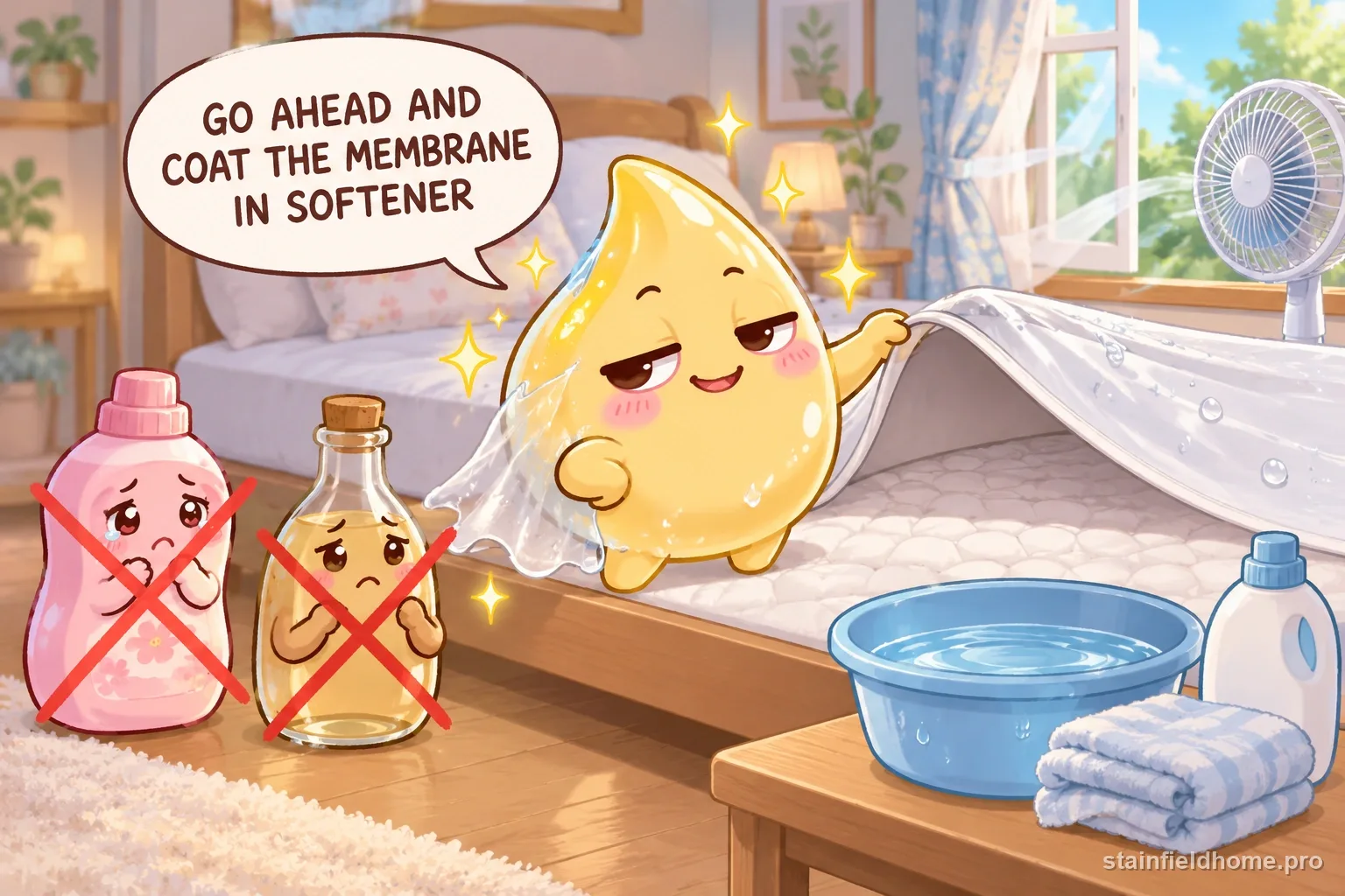 The urine character warns against a risky cleaning method for waterproof mattress protector, with a speech bubble reading “GO AHEAD AND COAT THE MEMBRANE IN SOFTENER”.