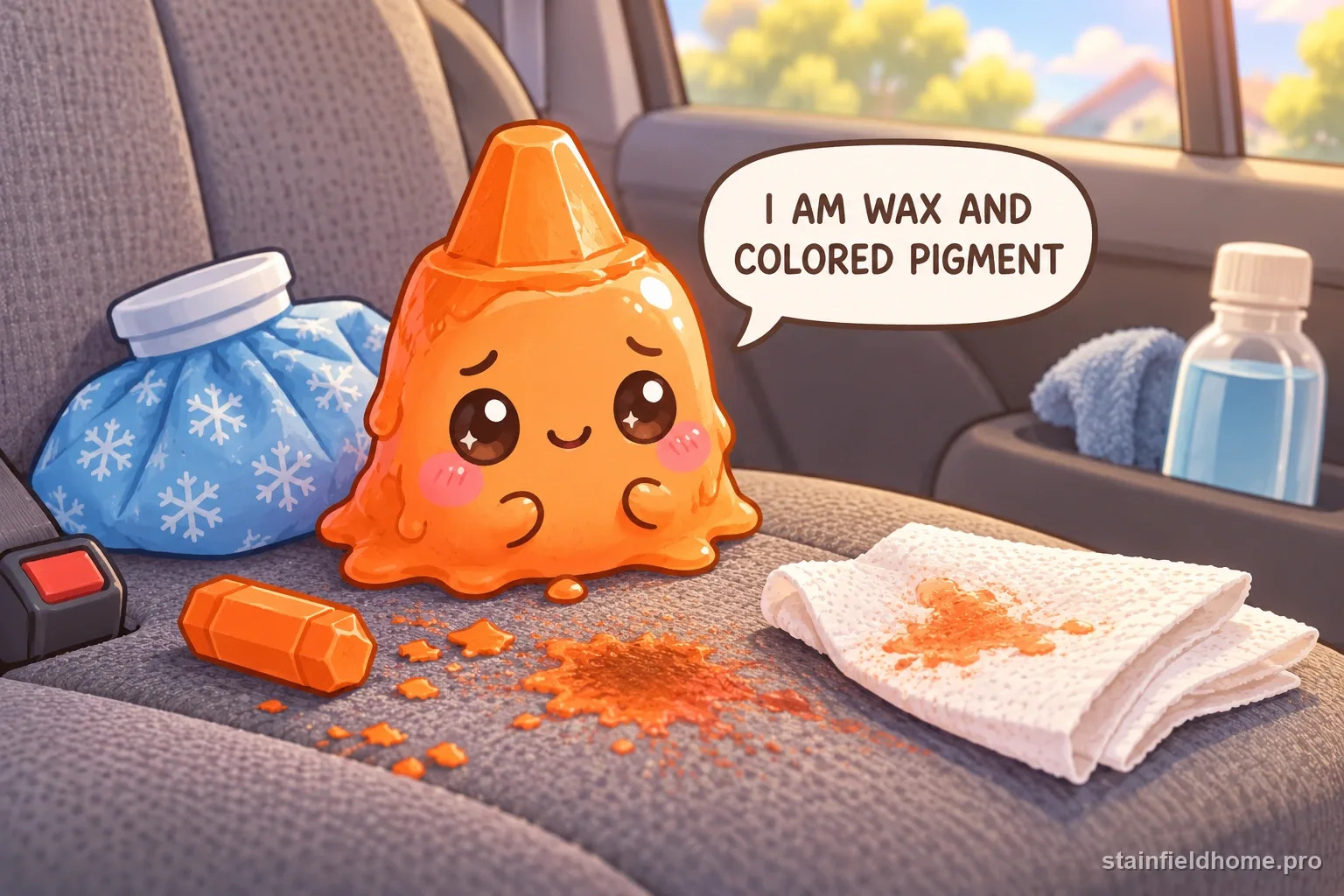 A chibi melted crayon character on car seat with a speech bubble reading “I AM WAX AND COLORED PIGMENT”.