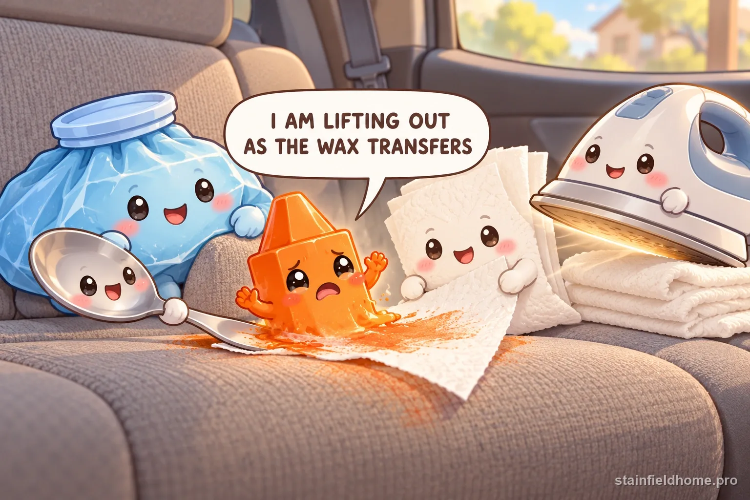 The melted crayon character fades beside cleaning supplies for car seat, with a speech bubble reading “I AM LIFTING OUT AS THE WAX TRANSFERS”.